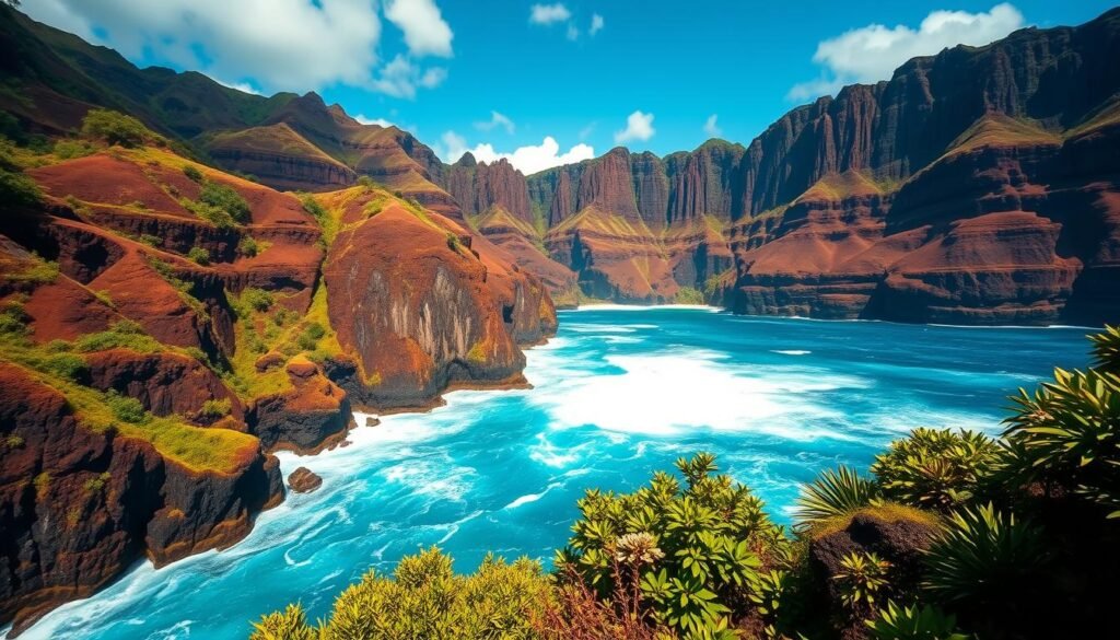 A dramatic vista of the legendary Molokai sea cliffs, their sheer volcanic walls plunging into the azure Pacific. The imposing basalt formations tower over the crashing waves, sculpted by eons of erosion. Lush tropical foliage clings to the cliff edges, casting dramatic shadows across the rugged terrain. Brilliant golden sunshine illuminates the scene, casting a warm, inviting glow. A wide-angle lens captures the grand, sweeping panorama, highlighting the island's untamed, unspoiled natural beauty. This is a breathtaking, serene landscape that evokes the tranquil, unhurried pace of Molokai—a true Hawaiian oasis. A dramatic vista of the legendary Molokai sea cliffs, their sheer volcanic walls plunging into the azure Pacific. The imposing basalt formations tower over the crashing waves, sculpted by eons of erosion. Lush tropical foliage clings to the cliff edges, casting dramatic shadows across the rugged terrain. Brilliant golden sunshine illuminates the scene, casting a warm, inviting glow. A wide-angle lens captures the grand, sweeping panorama, highlighting the island's untamed, unspoiled natural beauty. This is a breathtaking, serene landscape that evokes the tranquil, unhurried pace of Molokai—a true Hawaiian oasis.