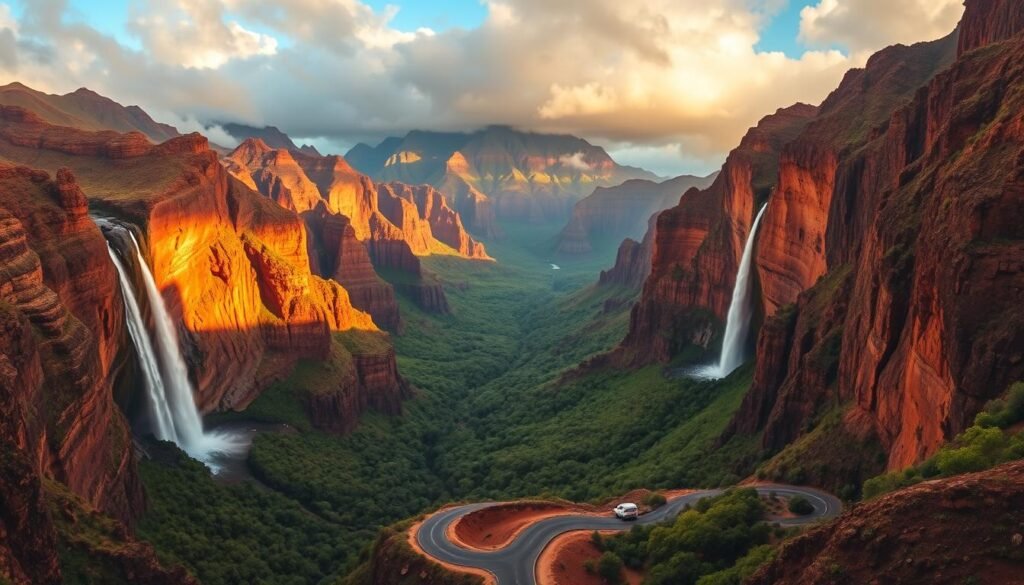 A dramatic, wide-angle view of Waimea Canyon, the "Grand Canyon of the Pacific," on the lush, tropical island of Kauai. In the foreground, a winding, serpentine road leads the eye deep into the canyon, flanked by steep, rugged cliffs in hues of red, orange, and brown. Towering waterfalls cascade down the canyon walls, their misty plumes catching the warm, golden light of the sun. In the middle ground, the canyon floor is blanketed in a verdant, primordial forest, dotted with clusters of vibrant, flowering plants. The background is dominated by the imposing, jagged silhouettes of the Kōkeʻe mountains, their peaks shrouded in wispy clouds. An atmosphere of serene grandeur and untamed natural beauty pervades the scene.