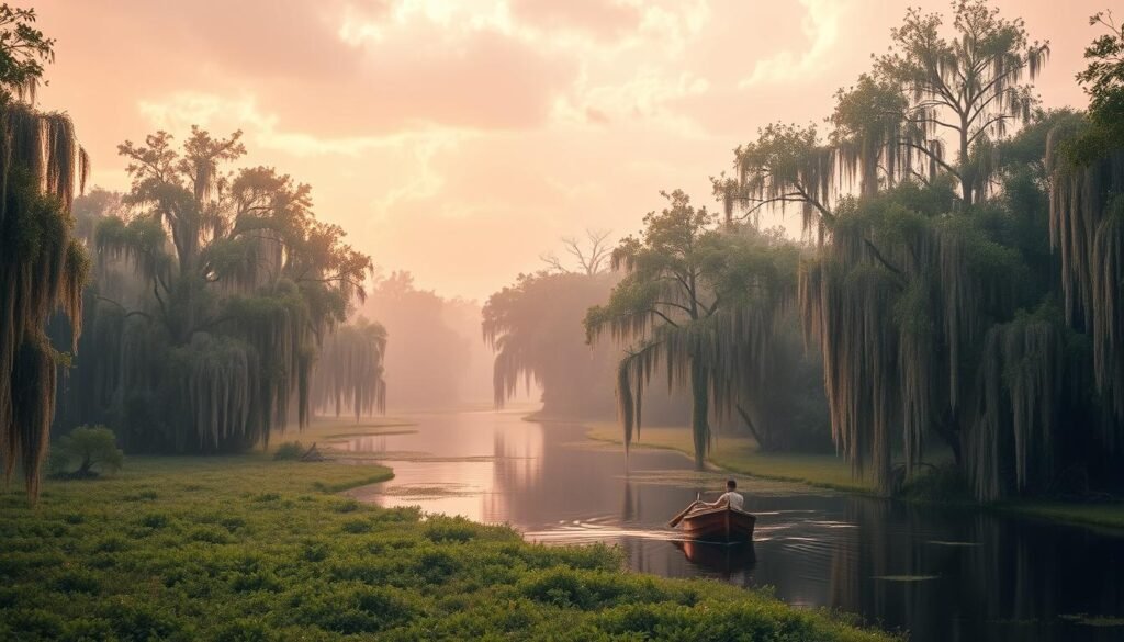 A dreamy, hazy landscape of a lush, verdant bayou in the heart of the American South. In the foreground, a meandering waterway surrounded by towering cypress trees draped in wispy Spanish moss, reflecting the warm, golden light of the late afternoon sun. In the middle ground, a small wooden boat drifts lazily, its occupant admiring the tranquil scene. The background reveals a cloudy, mellow sky, tinged with pastel hues of pink and lavender, creating a serene, soulful atmosphere. The overall mood is one of timeless, Southern charm and a sense of being at peace with the natural world. A dreamy, hazy landscape of a lush, verdant bayou in the heart of the American South. In the foreground, a meandering waterway surrounded by towering cypress trees draped in wispy Spanish moss, reflecting the warm, golden light of the late afternoon sun. In the middle ground, a small wooden boat drifts lazily, its occupant admiring the tranquil scene. The background reveals a cloudy, mellow sky, tinged with pastel hues of pink and lavender, creating a serene, soulful atmosphere. The overall mood is one of timeless, Southern charm and a sense of being at peace with the natural world.