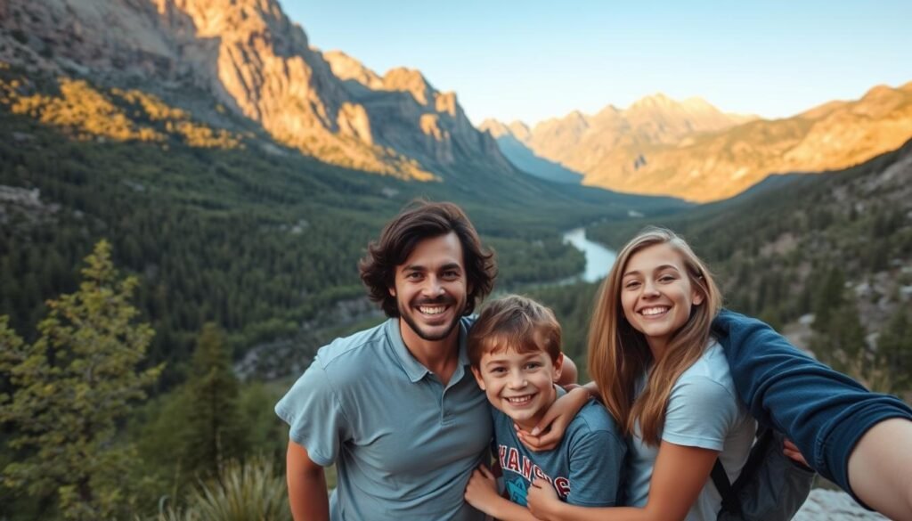 A family of four enjoying a day at a scenic national park in the United States. In the foreground, a father, mother, young son, and daughter embrace, their faces beaming with joy as they take in the breathtaking landscape. The middle ground features lush, verdant foliage and a meandering river, while the background showcases majestic mountains bathed in warm, golden sunlight. The image conveys a sense of togetherness, adventure, and the joy of exploring the great outdoors as a family. Captured with a wide-angle lens to emphasize the scale and beauty of the natural setting, the scene is lit by soft, diffused natural lighting, creating a serene and inviting atmosphere. A family of four enjoying a day at a scenic national park in the United States. In the foreground, a father, mother, young son, and daughter embrace, their faces beaming with joy as they take in the breathtaking landscape. The middle ground features lush, verdant foliage and a meandering river, while the background showcases majestic mountains bathed in warm, golden sunlight. The image conveys a sense of togetherness, adventure, and the joy of exploring the great outdoors as a family. Captured with a wide-angle lens to emphasize the scale and beauty of the natural setting, the scene is lit by soft, diffused natural lighting, creating a serene and inviting atmosphere.