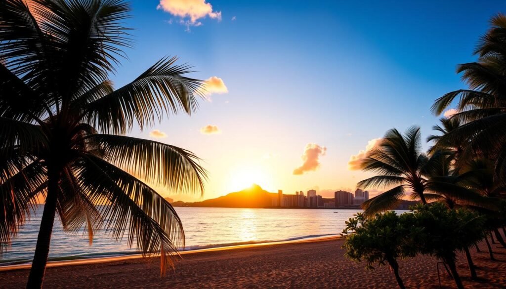 A golden sunset over the iconic Honolulu skyline, with Diamond Head silhouetted in the distance. The tranquil waters of Waikiki Beach reflect the vibrant hues of the sky, creating a serene and picturesque scene. In the foreground, palm trees sway gently, their fronds casting long shadows across the sand. The atmosphere is infused with a warm, inviting glow, as the sun dips below the horizon, ushering in the enchanting Hawaiian evening. Capture the magic of this golden-hour moment through a wide-angle lens, with a shallow depth of field to focus the viewer's attention on the stunning natural beauty of this captivating location. A golden sunset over the iconic Honolulu skyline, with Diamond Head silhouetted in the distance. The tranquil waters of Waikiki Beach reflect the vibrant hues of the sky, creating a serene and picturesque scene. In the foreground, palm trees sway gently, their fronds casting long shadows across the sand. The atmosphere is infused with a warm, inviting glow, as the sun dips below the horizon, ushering in the enchanting Hawaiian evening. Capture the magic of this golden-hour moment through a wide-angle lens, with a shallow depth of field to focus the viewer's attention on the stunning natural beauty of this captivating location.