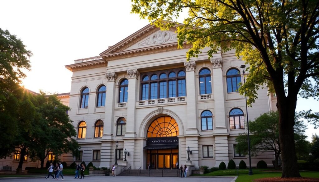 A grand and majestic neoclassical building stands tall, its limestone facade glowing warmly under the soft, golden light of a late afternoon sun. Elegant arched windows and columns frame the ornate entryway, inviting visitors to explore the rich history and captivating exhibits within the Cincinnati Museum Center. The sprawling complex is set against a backdrop of lush, verdant trees, their leaves rustling gently in the light breeze. People stroll along the well-maintained grounds, pausing to admire the architectural details and the immaculate landscaping. The scene exudes a sense of timelessness and cultural significance, perfectly capturing the essence of this must-visit destination for history and museum enthusiasts. A grand and majestic neoclassical building stands tall, its limestone facade glowing warmly under the soft, golden light of a late afternoon sun. Elegant arched windows and columns frame the ornate entryway, inviting visitors to explore the rich history and captivating exhibits within the Cincinnati Museum Center. The sprawling complex is set against a backdrop of lush, verdant trees, their leaves rustling gently in the light breeze. People stroll along the well-maintained grounds, pausing to admire the architectural details and the immaculate landscaping. The scene exudes a sense of timelessness and cultural significance, perfectly capturing the essence of this must-visit destination for history and museum enthusiasts.