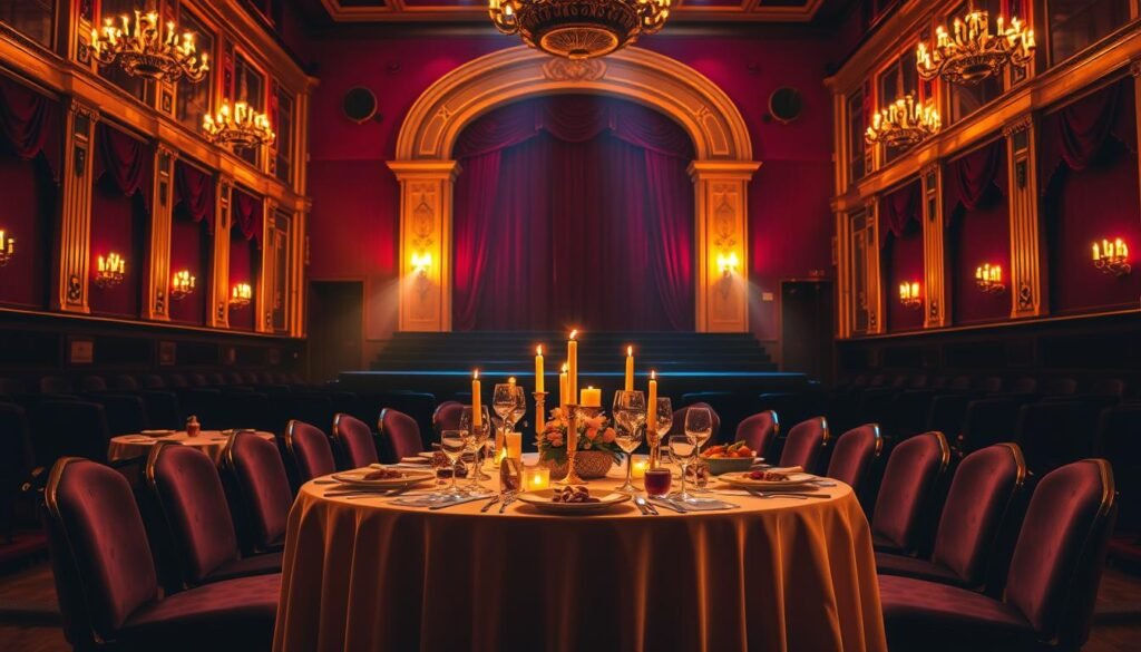 A grand dinner theater stage illuminated by warm, theatrical lighting, showcasing a meticulously decorated table set for an extravagant "wonder dinner". In the foreground, a lush, elegant tablecloth adorns the table, adorned with fine china, sparkling glassware, and an array of delectable dishes. Candles flicker, casting a cozy, inviting glow. In the middle ground, plush theater seats surround the stage, their velvet upholstery hinting at the immersive performance to come. The background features a grand, ornate proscenium arch, framing the scene with a touch of dramatic flair. The overall atmosphere evokes a sense of excitement, anticipation, and the promise of an unforgettable culinary and theatrical experience.