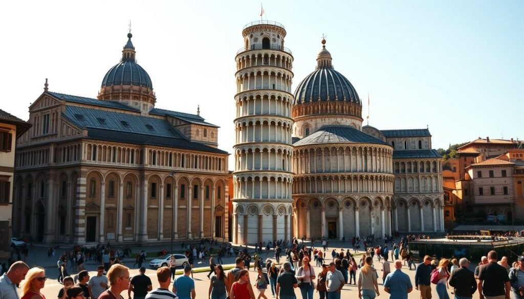 A grand, iconic tower stands tall against a backdrop of a vibrant, sun-drenched Pisan cityscape. The Leaning Tower of Pisa, its distinctive tilt capturing the eye, is framed by the stately Pisa Cathedral and Baptistery, their grand, Romanesque facades evoking a sense of timeless grandeur. The scene is bathed in a warm, golden light, casting long shadows that accentuate the architectural details. In the foreground, the piazza is filled with visitors marveling at the tower, their figures adding a sense of scale and human presence to the composition. The overall mood is one of awe and wonder, inviting the viewer to step into this historic and picturesque Italian setting.