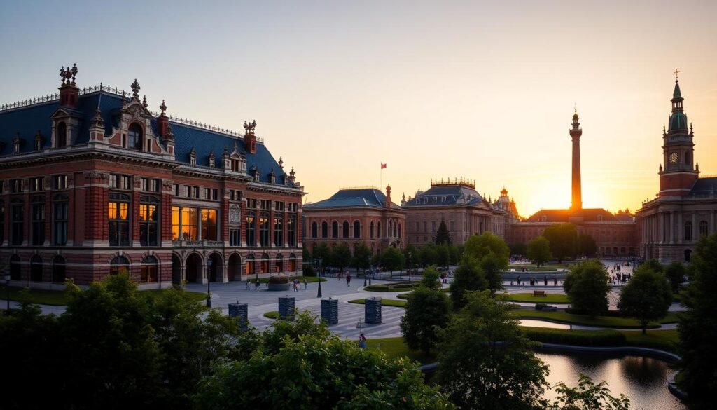 A grand, neo-Renaissance building with ornate architectural details stands proudly in the foreground, its red-brick facade and imposing spires casting an elegant silhouette against a golden sunset sky. The Van Gogh Museum's iconic entrance invites visitors to step inside, where the soft natural light filters through expansive windows, illuminating the gallery spaces that showcase the master's captivating works. In the middle ground, lush greenery and tranquil ponds of the Museumplein create a serene, park-like atmosphere, while in the distance, the towering Rijksmuseum dominates the skyline, completing the prestigious cultural complex that defines the heart of Amsterdam.