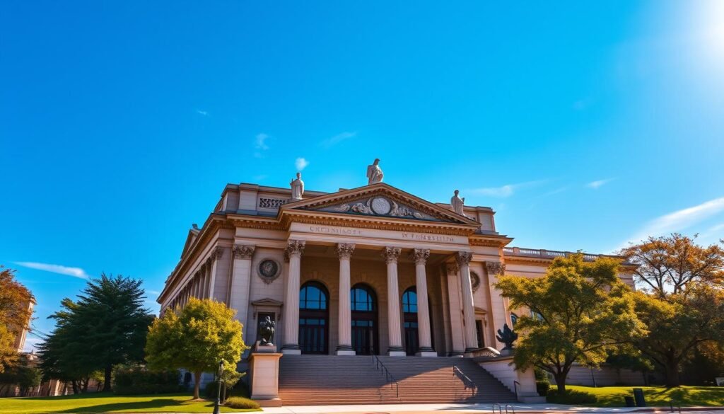 A grand, neoclassical edifice rises majestically against a clear, azure sky, its ornate facade adorned with towering columns and ornate statues. The Cincinnati Art Museum stands as a beacon of cultural elegance, its grand entrance inviting visitors to explore the treasures within. Sunlight filters through the large, arched windows, casting a warm, golden glow over the intricate architectural details. The serene, tree-lined grounds surrounding the museum create a tranquil oasis, a perfect setting to appreciate the city's vibrant arts and culture scene. This image encapsulates the museum's role as a cherished landmark, showcasing the refined artistry and architectural splendor that define the heart of downtown Cincinnati. A grand, neoclassical edifice rises majestically against a clear, azure sky, its ornate facade adorned with towering columns and ornate statues. The Cincinnati Art Museum stands as a beacon of cultural elegance, its grand entrance inviting visitors to explore the treasures within. Sunlight filters through the large, arched windows, casting a warm, golden glow over the intricate architectural details. The serene, tree-lined grounds surrounding the museum create a tranquil oasis, a perfect setting to appreciate the city's vibrant arts and culture scene. This image encapsulates the museum's role as a cherished landmark, showcasing the refined artistry and architectural splendor that define the heart of downtown Cincinnati.