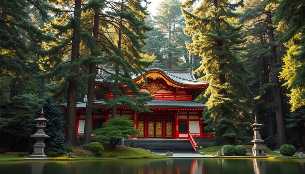 A grand, ornate Shinto shrine nestled in a lush, verdant forest of towering cedar trees. The iconic red lacquered architecture with intricate golden details stands majestically, bathed in warm, diffused sunlight filtering through the canopy above. Ornamental carvings, stone lanterns, and a serene lake in the foreground create a captivating, timeless scene. The spiritual atmosphere is palpable, inviting the viewer to step back in time and experience the rich cultural heritage of Nikko, Japan.