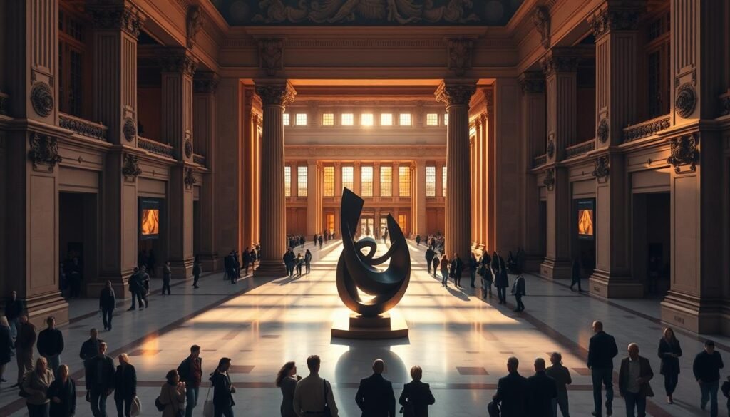 A grand, ornate museum facade, its towering columns and intricate carvings bathed in warm, golden light. The entrance is bustling with visitors, their silhouettes casting dynamic shadows across the pristine marble floors. In the middle ground, an expansive atrium features a majestic, central sculpture, its abstract forms casting dramatic shadows that dance across the high-ceilinged space. The background reveals a series of gallery wings, their windows aglow, hinting at the treasures within. The overall scene evokes a sense of cultural sophistication, intellectual curiosity, and timeless elegance.