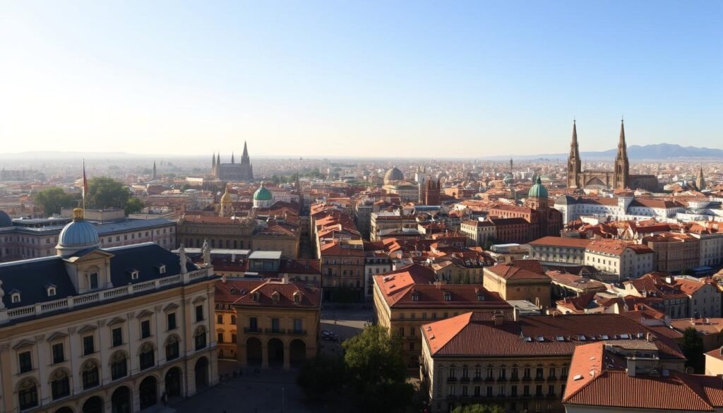 A grand panorama of Spain's most captivating cities, bathed in warm Mediterranean light. In the foreground, the iconic architecture of Madrid's Plaza Mayor, with its grand arches and ornate facades. In the middle ground, the winding streets and vibrant plazas of Barcelona, the Sagrada Familia's spires rising majestically. In the distance, the historic splendor of Seville's Alcázar, the Giralda tower casting a stately shadow. Across the landscape, the distinctive red-tiled roofs and church steeples of Córdoba, Granada, and Valencia, each city a jewel in Spain's crown. This cinematic vista captures the essence of Spain's most beloved urban destinations, a harmonious blend of old-world charm and modern dynamism.