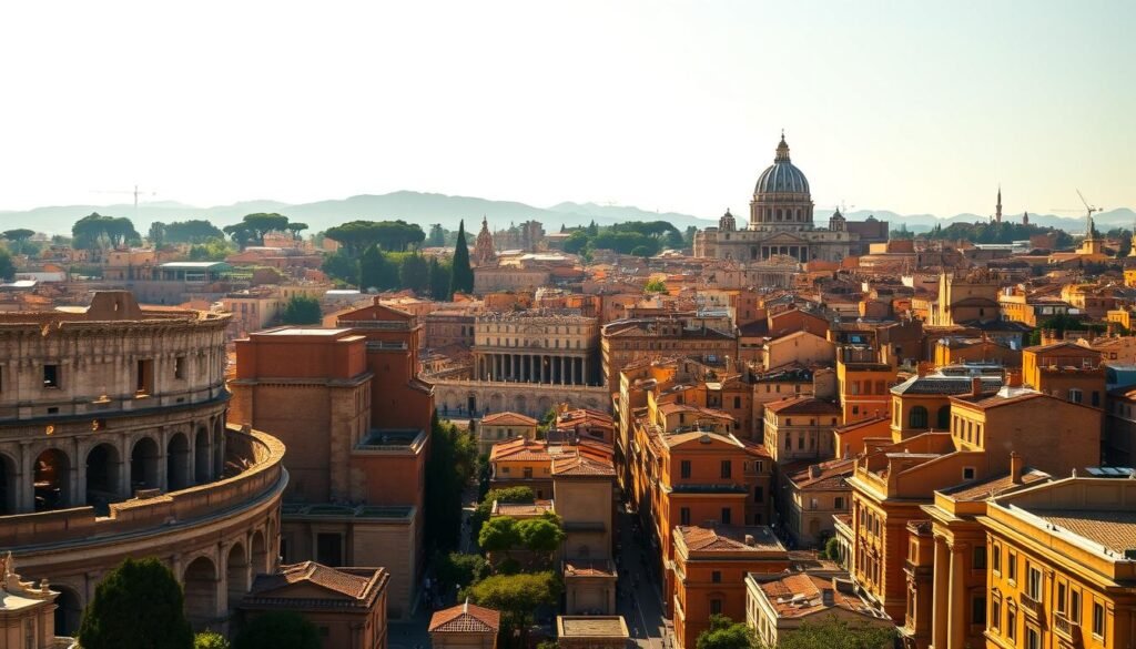 A grand panoramic view of the eternal city of Rome, bathed in the warm, golden glow of the afternoon sun. In the foreground, the iconic silhouettes of the Colosseum and the Roman Forum stand tall, their ancient stones radiating an air of timeless grandeur. The middle ground is a tapestry of narrow, winding streets lined with ochre-hued buildings, their intricate facades and ornate balconies creating a captivating sense of historical depth. In the background, the majestic dome of St. Peter's Basilica and the towering spires of other iconic landmarks pierce the skyline, serving as a testament to Rome's enduring legacy as the heart of Western civilization. The scene conveys a harmonious blend of the city's ancient heritage and its vibrant, contemporary spirit. A grand panoramic view of the eternal city of Rome, bathed in the warm, golden glow of the afternoon sun. In the foreground, the iconic silhouettes of the Colosseum and the Roman Forum stand tall, their ancient stones radiating an air of timeless grandeur. The middle ground is a tapestry of narrow, winding streets lined with ochre-hued buildings, their intricate facades and ornate balconies creating a captivating sense of historical depth. In the background, the majestic dome of St. Peter's Basilica and the towering spires of other iconic landmarks pierce the skyline, serving as a testament to Rome's enduring legacy as the heart of Western civilization. The scene conveys a harmonious blend of the city's ancient heritage and its vibrant, contemporary spirit.
