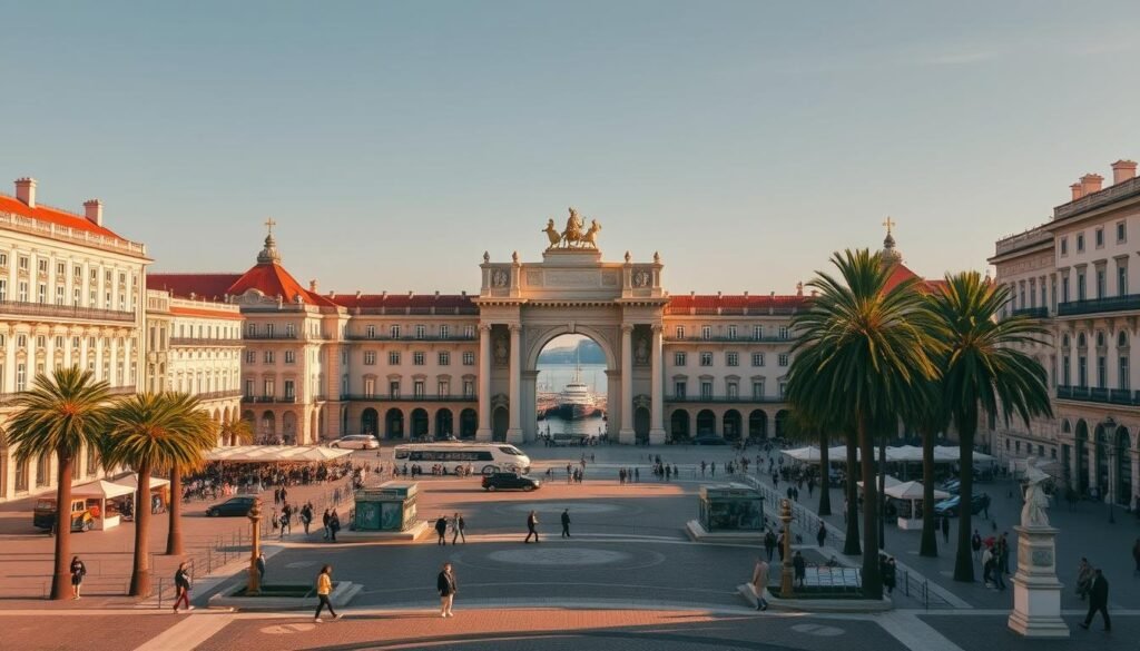 A grand plaza overlooking the Tagus River, Praça do Comércio in Lisbon exudes a timeless elegance. Capture the imposing 18th-century architecture in warm, golden afternoon light, with the iconic Rua Augusta Arch standing tall at the center. Merchant ships bob gently in the harbor, while pedestrians stroll the cobblestoned square, admiring the ornate facades and statues that adorn this historic public space. Framed by palm trees and surrounded by historical landmarks, this bustling heart of Lisbon offers a quintessential scene of the city's rich cultural heritage and vibrant energy.
