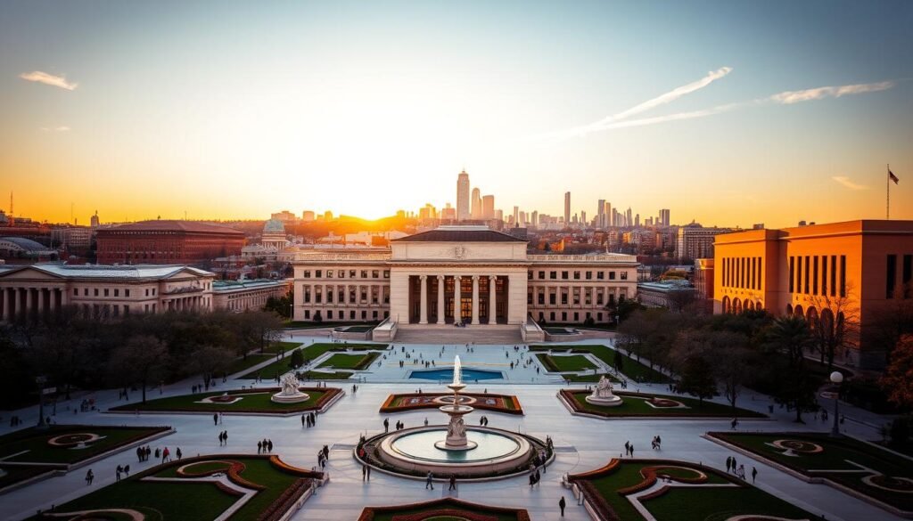 A grand, sweeping view of an iconic American museum, its towering facade bathed in warm, golden light from the setting sun. The foreground features a meticulously landscaped plaza, with visitors strolling past elegant fountains and manicured gardens. The middle ground reveals the museum's impressive architecture, a harmonious blend of classic and contemporary styles, inviting exploration. In the background, the city skyline rises, a tapestry of skyscrapers and landmarks, creating a sense of place and context. The scene exudes a palpable air of culture, history, and civic pride - a quintessential representation of one of Kansas City's most cherished cultural institutions.