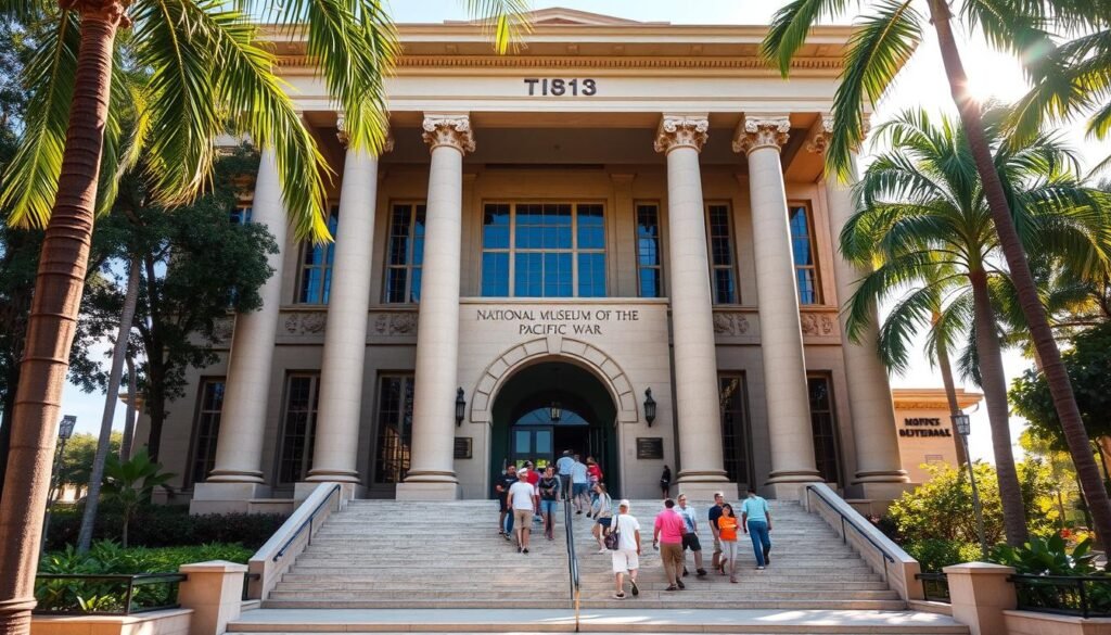 A grand two-story building stands proudly amidst lush greenery, its distinct architecture evoking the historic charm of the National Museum of the Pacific War. Warm sunlight filters through the tall windows, casting a soft glow over the polished marble entryway. Visitors ascend the grand staircase, eager to explore the museum's vast collection of artifacts and exhibits chronicling the Pacific Theater of World War II. The façade is adorned with striking limestone columns and intricate carvings, inviting visitors to step into a bygone era and immerse themselves in the captivating stories of the past. The overall scene exudes a sense of reverence, education, and an unwavering dedication to preserving the history of the Pacific War.