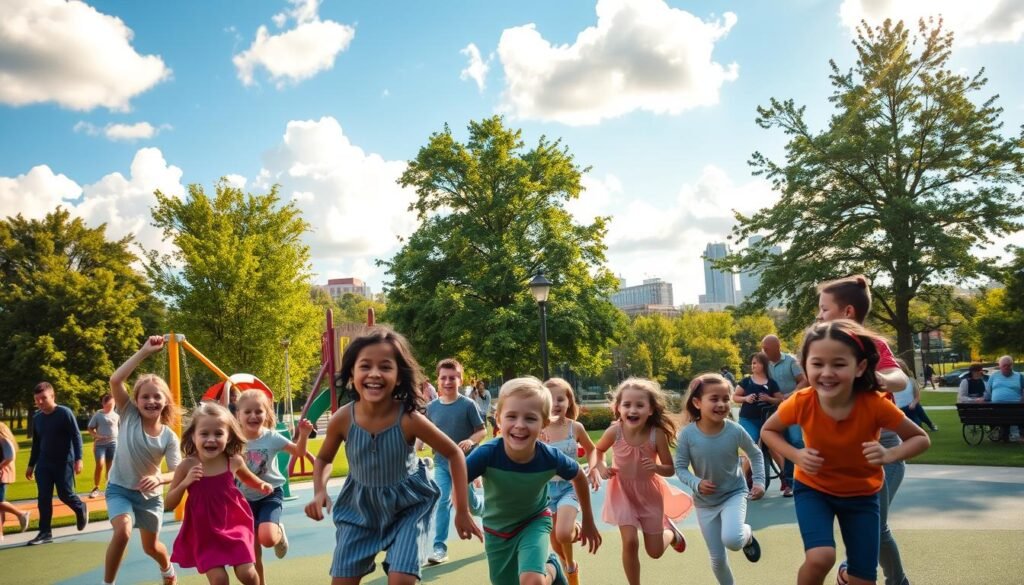 A group of energetic kids playing joyfully in a vibrant public park in Cincinnati, OH. In the foreground, a diverse group of children laughing and running around a colorful playground, with swings, slides, and climbing structures. In the middle ground, parents and guardians supervising, some pushing strollers or sitting on benches. The background features lush green trees, a clear blue sky with fluffy clouds, and the city skyline peeking in the distance. Warm afternoon sunlight filters through, casting a golden glow and creating a sense of warmth and liveliness. The overall scene evokes a sense of carefree childhood, family-friendly atmosphere, and the vibrant energy of a thriving urban community. A group of energetic kids playing joyfully in a vibrant public park in Cincinnati, OH. In the foreground, a diverse group of children laughing and running around a colorful playground, with swings, slides, and climbing structures. In the middle ground, parents and guardians supervising, some pushing strollers or sitting on benches. The background features lush green trees, a clear blue sky with fluffy clouds, and the city skyline peeking in the distance. Warm afternoon sunlight filters through, casting a golden glow and creating a sense of warmth and liveliness. The overall scene evokes a sense of carefree childhood, family-friendly atmosphere, and the vibrant energy of a thriving urban community.