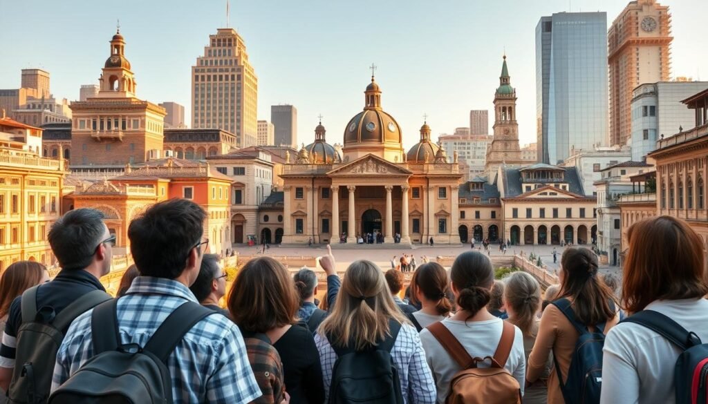 A group of people embarking on a historical journey, guided by a knowledgeable tour leader, exploring a picturesque city steeped in the past. The foreground features the tour group, dressed in casual attire, eagerly listening as the tour guide gestures towards a grand, ornate building in the middle ground. The background showcases a mix of historic architecture and modern skyscrapers, bathed in warm, golden light, creating a sense of timelessness. The scene is captured with a wide-angle lens, offering a sweeping panoramic view that immerses the viewer in the experience of a captivating history tour. A group of people embarking on a historical journey, guided by a knowledgeable tour leader, exploring a picturesque city steeped in the past. The foreground features the tour group, dressed in casual attire, eagerly listening as the tour guide gestures towards a grand, ornate building in the middle ground. The background showcases a mix of historic architecture and modern skyscrapers, bathed in warm, golden light, creating a sense of timelessness. The scene is captured with a wide-angle lens, offering a sweeping panoramic view that immerses the viewer in the experience of a captivating history tour.
