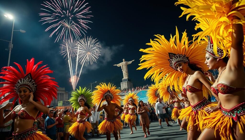 A lively, vibrant scene of the iconic Rio de Janeiro carnival, capturing the energy and color of this world-famous festival. In the foreground, a troupe of samba dancers adorned in elaborate, feathered costumes perform passionately, their movements frozen in a dynamic, high-contrast lighting. In the middle ground, the bustling crowds of revelers fill the streets, their faces alight with joy and celebration. In the background, the towering Christ the Redeemer statue stands watch over the festivities, as fireworks burst across the night sky in a dazzling display. The overall atmosphere is one of unbridled exuberance, showcasing the spirit and cultural heritage of this Brazilian metropolis.