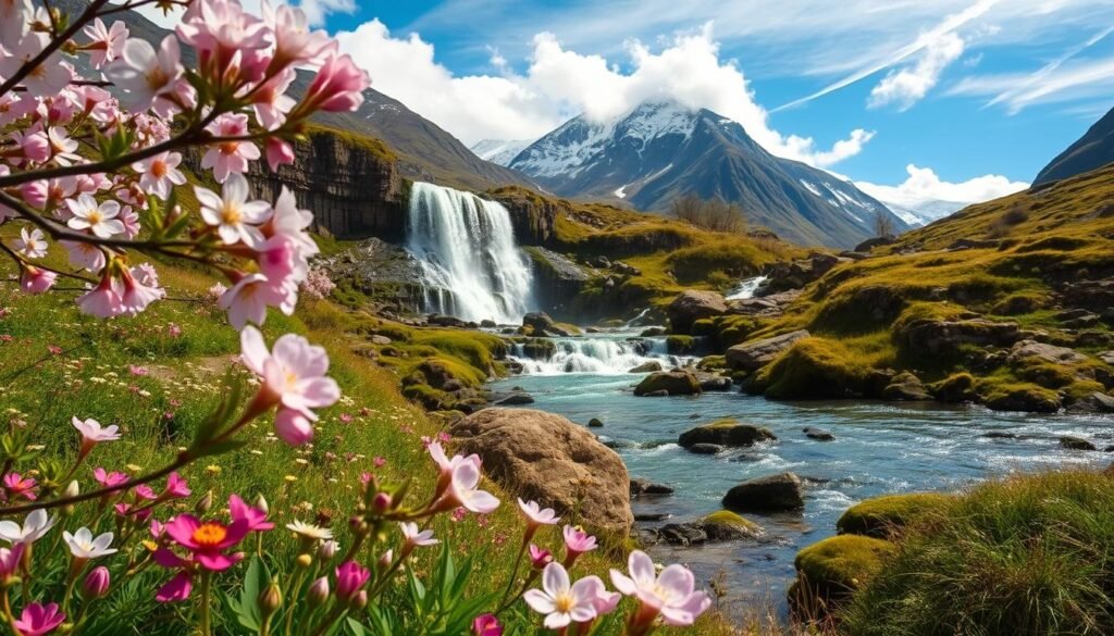 A lush Norwegian landscape in early spring, with a vibrant foreground of blooming cherry blossoms and wildflowers. In the middle ground, a majestic waterfall cascades over mossy rocks, its crystal-clear waters sparkling in the soft, diffused natural light. In the background, snow-capped mountains rise, their peaks partially obscured by wispy clouds. The scene conveys a sense of renewal, tranquility, and the awakening of nature after a long winter. The overall atmosphere is one of serene beauty, with a touch of ethereal wonder. Captured with a wide-angle lens to showcase the grandeur of the setting, the image invites the viewer to immerse themselves in this enchanting Norwegian spring. A lush Norwegian landscape in early spring, with a vibrant foreground of blooming cherry blossoms and wildflowers. In the middle ground, a majestic waterfall cascades over mossy rocks, its crystal-clear waters sparkling in the soft, diffused natural light. In the background, snow-capped mountains rise, their peaks partially obscured by wispy clouds. The scene conveys a sense of renewal, tranquility, and the awakening of nature after a long winter. The overall atmosphere is one of serene beauty, with a touch of ethereal wonder. Captured with a wide-angle lens to showcase the grandeur of the setting, the image invites the viewer to immerse themselves in this enchanting Norwegian spring.
