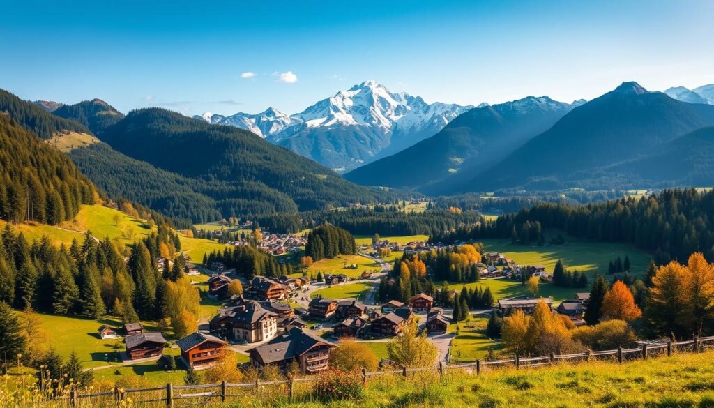 A lush, idyllic landscape capturing the essence of Switzerland's seasonal transformations. In the foreground, a picturesque alpine village nestled between rolling hills, its charming chalets and wooden structures bathed in warm, golden light. In the middle ground, a majestic mountain range rises, its snow-capped peaks glistening under a crisp, clear sky. The background is a tapestry of verdant forests, wildflower meadows, and glistening lakes, each season painting a different masterpiece. The scene is captured through a wide-angle lens, showcasing the breathtaking scale and grandeur of the Swiss countryside. The overall mood is one of tranquility, wonder, and the timeless beauty of nature's cycles. A lush, idyllic landscape capturing the essence of Switzerland's seasonal transformations. In the foreground, a picturesque alpine village nestled between rolling hills, its charming chalets and wooden structures bathed in warm, golden light. In the middle ground, a majestic mountain range rises, its snow-capped peaks glistening under a crisp, clear sky. The background is a tapestry of verdant forests, wildflower meadows, and glistening lakes, each season painting a different masterpiece. The scene is captured through a wide-angle lens, showcasing the breathtaking scale and grandeur of the Swiss countryside. The overall mood is one of tranquility, wonder, and the timeless beauty of nature's cycles.