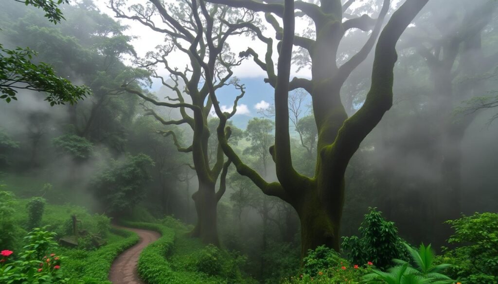 A lush, misty Monteverde cloud forest, with towering emerald canopies draped in swirling mist. In the foreground, a winding trail winds through the verdant undergrowth, dotted with vibrant tropical flowers. Towering, moss-covered trees rise in the middle ground, their branches home to a kaleidoscope of colorful birds, including the elusive quetzal. In the distance, the canopy opens to reveal a glimpse of the rugged mountains beyond, their peaks shrouded in a gauzy haze. Soft, diffused natural lighting filters through the mist, creating an ethereal, otherworldly atmosphere. Capture the magic and wonder of this enchanting Costa Rican cloud forest sanctuary. A lush, misty Monteverde cloud forest, with towering emerald canopies draped in swirling mist. In the foreground, a winding trail winds through the verdant undergrowth, dotted with vibrant tropical flowers. Towering, moss-covered trees rise in the middle ground, their branches home to a kaleidoscope of colorful birds, including the elusive quetzal. In the distance, the canopy opens to reveal a glimpse of the rugged mountains beyond, their peaks shrouded in a gauzy haze. Soft, diffused natural lighting filters through the mist, creating an ethereal, otherworldly atmosphere. Capture the magic and wonder of this enchanting Costa Rican cloud forest sanctuary.