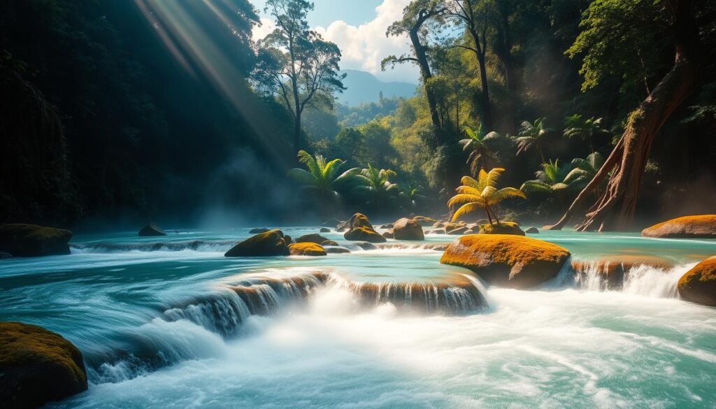 A lush, misty forest surrounds a vibrant turquoise river, its waters glowing with an otherworldly luminescence. In the foreground, the Rio Celeste cascades over smooth, mossy rocks, its powerful flow creating a misty veil that refracts the sunlight into a captivating display of colors. The middle ground features dense foliage, ferns, and towering trees, their canopies filtering the warm, golden light that bathes the scene in a serene, magical atmosphere. In the distance, the mountains of the Tenorio Volcano National Park rise up, their peaks shrouded in wispy clouds. The overall composition conveys a sense of tranquility, wonder, and the remarkable natural beauty of this hidden gem in the heart of Costa Rica.