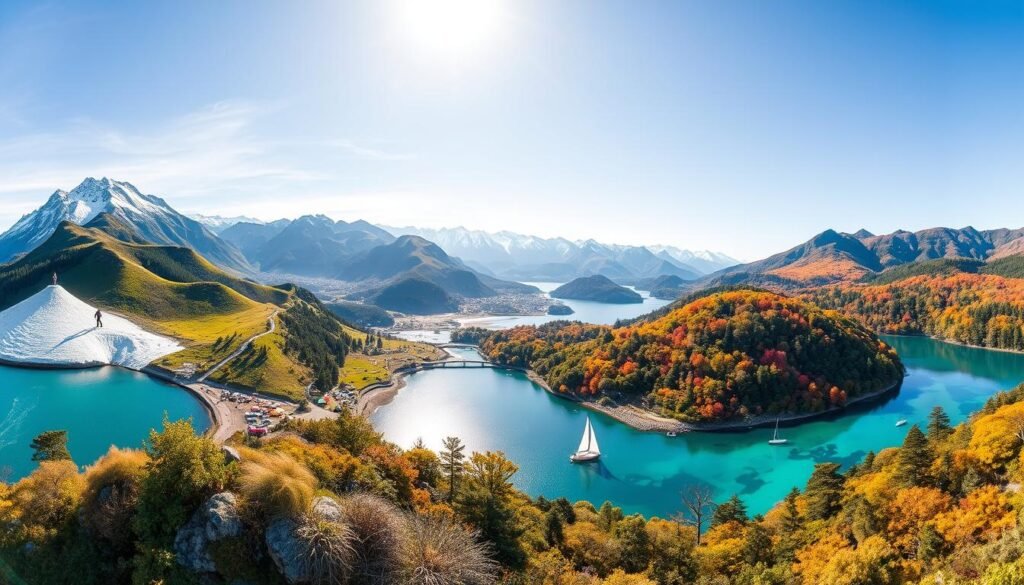 A lush, scenic landscape of New Zealand throughout the year, captured in a collage-like composition. In the foreground, a series of iconic Kiwi landmarks and activities representing each month - skiing on snowy peaks in winter, hiking verdant trails in spring, sailing crystalline waters in summer, and admiring vibrant autumn foliage. The middle ground features rolling hills, rugged coastlines, and tranquil lakes, while the background showcases the diverse regional environments, from towering mountains to verdant rainforests. The lighting is warm and natural, creating a welcoming, inviting atmosphere that showcases the country's year-round appeal. Captured with a wide-angle lens to provide a comprehensive, panoramic view of New Zealand's enchanting seasonal transitions. A lush, scenic landscape of New Zealand throughout the year, captured in a collage-like composition. In the foreground, a series of iconic Kiwi landmarks and activities representing each month - skiing on snowy peaks in winter, hiking verdant trails in spring, sailing crystalline waters in summer, and admiring vibrant autumn foliage. The middle ground features rolling hills, rugged coastlines, and tranquil lakes, while the background showcases the diverse regional environments, from towering mountains to verdant rainforests. The lighting is warm and natural, creating a welcoming, inviting atmosphere that showcases the country's year-round appeal. Captured with a wide-angle lens to provide a comprehensive, panoramic view of New Zealand's enchanting seasonal transitions.