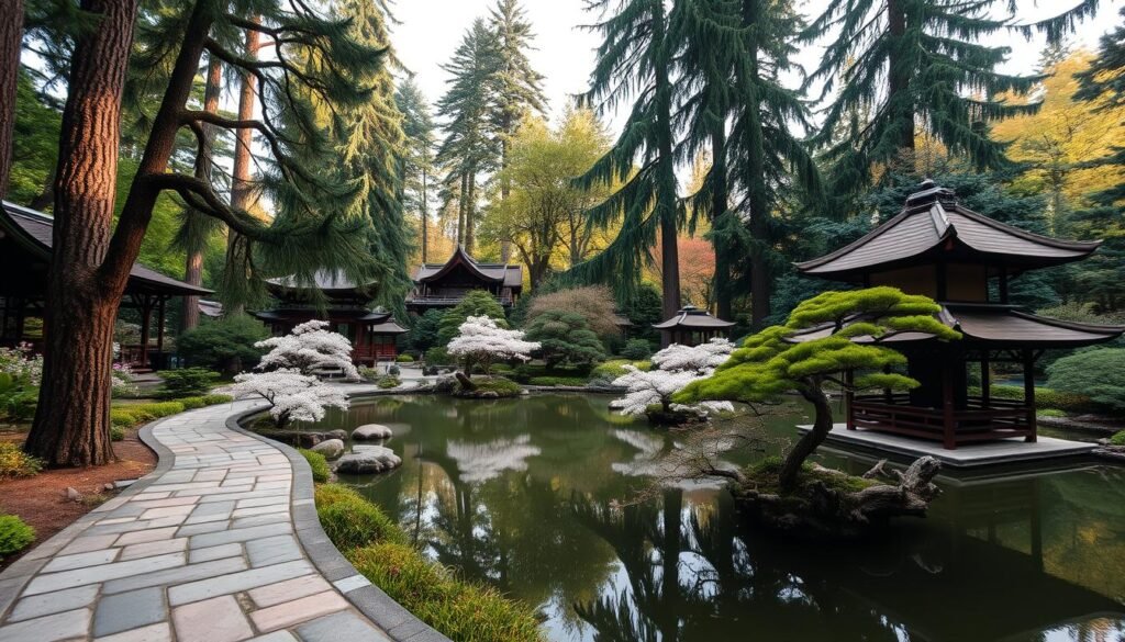 A lush, serene landscape of the Portland Japanese Garden, nestled within the verdant Washington Park. Tall, graceful trees cast a gentle, filtered light across the tranquil koi pond, its surface reflecting the delicate cherry blossoms that dot the scene. A winding stone pathway leads the viewer through this harmonious blend of nature and architectural elements, inviting exploration of the ornate pagodas and carefully pruned bonsai. The atmosphere is one of calm contemplation, a serene oasis amidst the bustling city. A wide-angle lens captures the full grandeur of this iconic Pacific Northwest gem, showcasing its timeless beauty and the harmonious balance of the Japanese aesthetic.