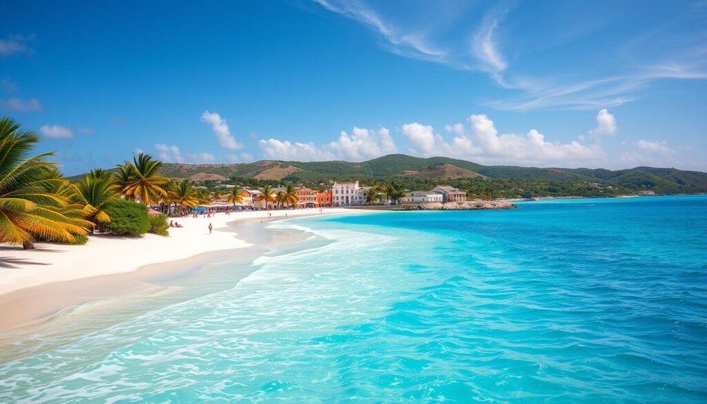 A lush, sun-drenched island paradise in the azure waters of the Atlantic. In the foreground, a palm-fringed beach with powdery white sand and crystal-clear turquoise waves gently lapping the shore. In the middle ground, a picturesque coastal town with pastel-colored Bermudian architecture and quaint cobblestone streets, bustling with locals and visitors alike. In the background, rolling hills and lush, verdant vegetation, bathed in warm, golden sunlight filtering through wispy clouds. The scene conveys the tranquil, laid-back atmosphere of Bermuda during its prime tourist season, with an emphasis on the island's natural beauty, rich culture, and vibrant coastal charm. A lush, sun-drenched island paradise in the azure waters of the Atlantic. In the foreground, a palm-fringed beach with powdery white sand and crystal-clear turquoise waves gently lapping the shore. In the middle ground, a picturesque coastal town with pastel-colored Bermudian architecture and quaint cobblestone streets, bustling with locals and visitors alike. In the background, rolling hills and lush, verdant vegetation, bathed in warm, golden sunlight filtering through wispy clouds. The scene conveys the tranquil, laid-back atmosphere of Bermuda during its prime tourist season, with an emphasis on the island's natural beauty, rich culture, and vibrant coastal charm.