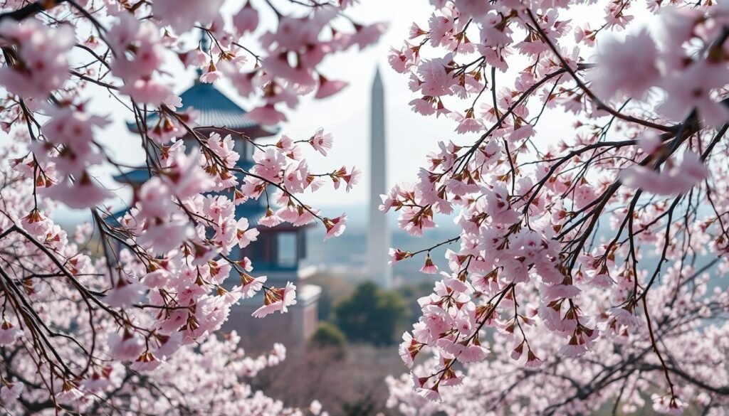A lush, tranquil scene of cherry blossoms in full bloom, capturing the essence of spring in Kyoto, Japan and Washington, D.C. The foreground is a delicate cascade of soft, pink petals dancing in a gentle breeze, their fragrance filling the air. In the middle ground, a traditional Japanese temple or iconic Washington monument stands as a timeless backdrop, framed by the graceful branches. The background is a hazy, atmospheric landscape, with a hint of blue sky peeking through the blossoms. The lighting is natural and diffused, creating a serene, dreamlike ambiance. The composition is balanced and harmonious, inviting the viewer to step into the serene, enchanting world of cherry blossom magic. A lush, tranquil scene of cherry blossoms in full bloom, capturing the essence of spring in Kyoto, Japan and Washington, D.C. The foreground is a delicate cascade of soft, pink petals dancing in a gentle breeze, their fragrance filling the air. In the middle ground, a traditional Japanese temple or iconic Washington monument stands as a timeless backdrop, framed by the graceful branches. The background is a hazy, atmospheric landscape, with a hint of blue sky peeking through the blossoms. The lighting is natural and diffused, creating a serene, dreamlike ambiance. The composition is balanced and harmonious, inviting the viewer to step into the serene, enchanting world of cherry blossom magic.