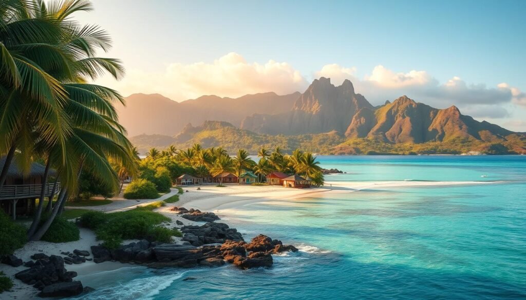 A lush, tropical Caribbean island with swaying palm trees, pristine white sand beaches, and crystal-clear turquoise waters. In the foreground, a picturesque cove with gently lapping waves, while in the middle ground, a palm-fringed path leads to a cluster of colorful, thatched-roof cottages. The background is dominated by verdant, rolling hills and rugged, volcanic peaks, shrouded in a soft, golden haze. The lighting is warm and inviting, creating a dreamlike, serene atmosphere. Captured through a wide-angle lens, the image conveys the essence of a quintessential Caribbean island paradise.