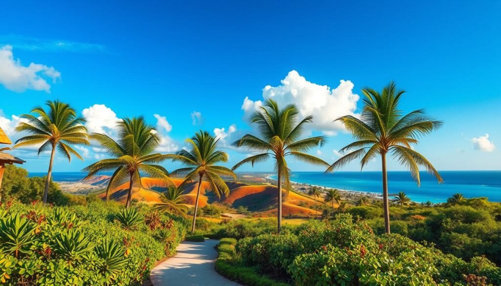 A lush, tropical landscape in Aruba during the low season, bathed in warm, golden light. In the foreground, a winding path meanders through a vibrant, verdant garden filled with swaying palm trees and flourishing native flora. In the middle ground, undulating hills painted in rich hues of green and ochre stretch out, leading the eye towards the distant azure horizon. Fluffy white clouds drift lazily across a clear, cerulean sky, casting playful shadows over the serene scene. The entire composition exudes a sense of tranquility and abundance, inviting the viewer to immerse themselves in the beauty of Aruba's natural splendor during the quieter, more affordable months. A lush, tropical landscape in Aruba during the low season, bathed in warm, golden light. In the foreground, a winding path meanders through a vibrant, verdant garden filled with swaying palm trees and flourishing native flora. In the middle ground, undulating hills painted in rich hues of green and ochre stretch out, leading the eye towards the distant azure horizon. Fluffy white clouds drift lazily across a clear, cerulean sky, casting playful shadows over the serene scene. The entire composition exudes a sense of tranquility and abundance, inviting the viewer to immerse themselves in the beauty of Aruba's natural splendor during the quieter, more affordable months.