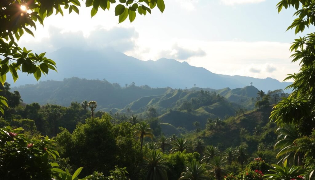 A lush tropical landscape in Costa Rica, showcasing the diverse regional weather patterns. In the foreground, a vibrant green canopy of rainforest, with sunlight filtering through the leaves. In the middle ground, rolling hills dotted with colorful flowers and palm trees, capturing the varied microclimates. In the background, majestic mountains rise, their peaks shrouded in mist, hinting at the cooler, cloudier conditions of the highlands. The scene is bathed in a warm, golden light, creating a sense of tranquility and natural beauty. Subtle details, such as a gentle breeze rustling the foliage and the distant sound of a waterfall, complete the immersive, cinematic feel.
