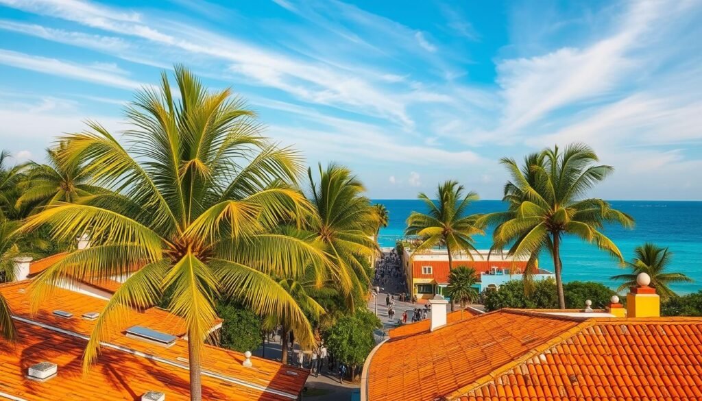 A lush, tropical landscape in Puerto Rico, captured on a sunny day with a warm, golden-hour glow. In the foreground, vibrant palm trees sway gently in the coastal breeze, their fronds casting delicate shadows on the weathered, terracotta-tiled roofs below. The middle ground reveals a bustling street scene, with local residents and tourists strolling past colorful, colonial-style buildings. In the distance, the azure waters of the Caribbean Sea sparkle, meeting the horizon under a sky streaked with wispy, cirrus clouds. The overall scene conveys the relaxed, carefree atmosphere of the island, inviting the viewer to imagine the perfect time to explore Puerto Rico's renowned weather and attractions. A lush, tropical landscape in Puerto Rico, captured on a sunny day with a warm, golden-hour glow. In the foreground, vibrant palm trees sway gently in the coastal breeze, their fronds casting delicate shadows on the weathered, terracotta-tiled roofs below. The middle ground reveals a bustling street scene, with local residents and tourists strolling past colorful, colonial-style buildings. In the distance, the azure waters of the Caribbean Sea sparkle, meeting the horizon under a sky streaked with wispy, cirrus clouds. The overall scene conveys the relaxed, carefree atmosphere of the island, inviting the viewer to imagine the perfect time to explore Puerto Rico's renowned weather and attractions.