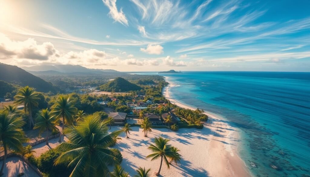 A lush, tropical paradise nestled in the South Pacific, Viti Levu Islands captivate with their emerald-green mountains, pristine beaches, and vibrant coral reefs. A wide-angle aerial shot showcases the island's diverse landscapes, from the rugged interior peaks to the turquoise lagoons that fringe the coastline. Gentle sunlight filters through wispy clouds, casting a warm, golden glow over the scene. In the foreground, swaying palm trees sway in the gentle breeze, their fronds casting intricate shadows on the powdery white sands. The middle ground features a picturesque village, its colorful houses and thatched-roof structures blending seamlessly with the natural surroundings. In the distance, the azure waters of the Pacific Ocean stretch out to the horizon, inviting viewers to explore the hidden wonders of this tropical paradise. A lush, tropical paradise nestled in the South Pacific, Viti Levu Islands captivate with their emerald-green mountains, pristine beaches, and vibrant coral reefs. A wide-angle aerial shot showcases the island's diverse landscapes, from the rugged interior peaks to the turquoise lagoons that fringe the coastline. Gentle sunlight filters through wispy clouds, casting a warm, golden glow over the scene. In the foreground, swaying palm trees sway in the gentle breeze, their fronds casting intricate shadows on the powdery white sands. The middle ground features a picturesque village, its colorful houses and thatched-roof structures blending seamlessly with the natural surroundings. In the distance, the azure waters of the Pacific Ocean stretch out to the horizon, inviting viewers to explore the hidden wonders of this tropical paradise.