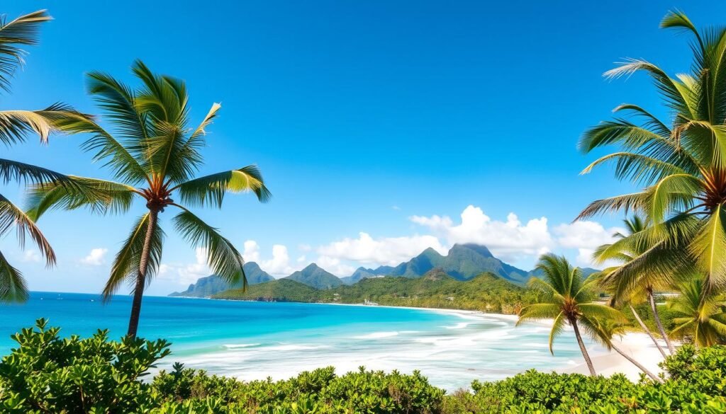 A lush tropical paradise under a brilliant azure sky, Saint Lucia's coastline is bathed in the warm embrace of the Caribbean sun. In the foreground, swaying palm trees cast gentle shadows upon the pristine white sand beach, with crystal clear turquoise waters gently lapping at the shore. The mid-ground features verdant rolling hills draped in a vibrant emerald green canopy, while the distant mountains rise majestically, their peaks shrouded in wispy white clouds. The overall mood is one of tranquility and natural splendor, capturing the essence of Saint Lucia's idyllic weather and stunning natural beauty.