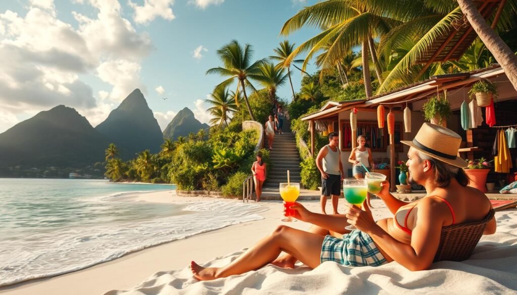 A lush, tropical paradise unfolds in the image, showcasing the diverse travel styles one can experience in St. Lucia. In the foreground, a couple relaxes on a pristine, white-sand beach, sipping vibrant cocktails and soaking in the sun's warm glow. The middle ground features a group of adventurous hikers traversing a verdant, winding trail, with the iconic Pitons towering in the distance. The background reveals a bustling fishing village, where local artisans showcase their handcrafted wares and the aroma of authentic Caribbean cuisine wafts through the air. Soft, diffused lighting casts a dreamy, cinematic quality over the scene, inviting the viewer to immerse themselves in the captivating essence of St. Lucia's travel experiences.