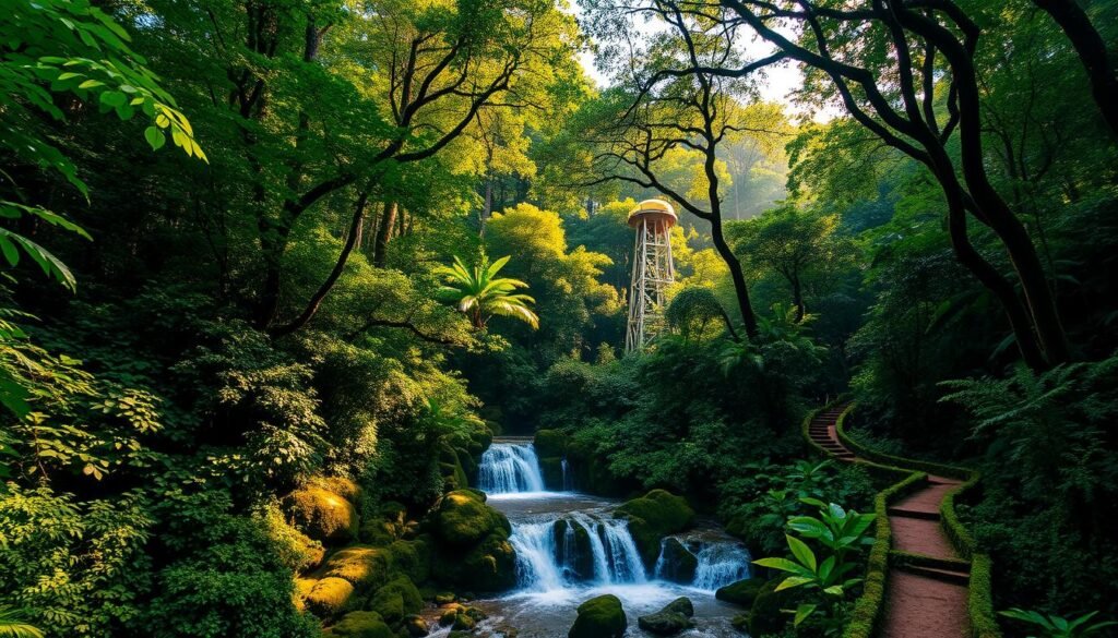 A lush, verdant canopy of towering trees in the El Yunque Rainforest, their emerald leaves dappled with golden sunlight filtering through. In the foreground, a crystalline waterfall cascades over mossy rocks, its mist gently blanketing the scene. Winding trails cut through the undergrowth, leading deeper into this enchanting tropical paradise. In the distance, a solitary observation tower stands tall, offering sweeping vistas of the surrounding forest. The overall atmosphere is one of serene tranquility, inviting the viewer to immerse themselves in the natural wonder of this Puerto Rican gem. A lush, verdant canopy of towering trees in the El Yunque Rainforest, their emerald leaves dappled with golden sunlight filtering through. In the foreground, a crystalline waterfall cascades over mossy rocks, its mist gently blanketing the scene. Winding trails cut through the undergrowth, leading deeper into this enchanting tropical paradise. In the distance, a solitary observation tower stands tall, offering sweeping vistas of the surrounding forest. The overall atmosphere is one of serene tranquility, inviting the viewer to immerse themselves in the natural wonder of this Puerto Rican gem.