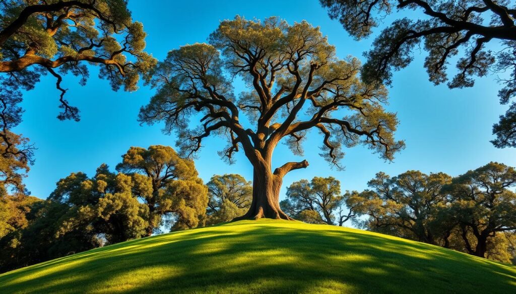 A lush, verdant hilltop surrounded by a canopy of towering oak trees, their branches casting a gentle, dappled shadow over the grassy slope below. In the center, a solitary, gnarled tree stands tall, its twisted trunk silhouetted against the clear, azure sky. The scene is bathed in warm, golden light, creating a serene and picturesque landscape that evokes the essence of the "One Tree Hill" setting. The camera angle is positioned to capture the iconic tree at a slightly elevated perspective, framing the scene with a sense of tranquility and timelessness.
