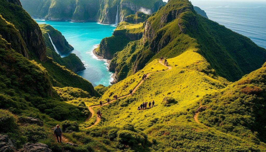 A lush, verdant island in the Pacific, bathed in warm golden light. Winding hiking trails snake through the rugged terrain, leading to awe-inspiring ridge lines that offer panoramic views of cascading waterfalls and the sparkling turquoise sea. Towering cliffs and dense, verdant foliage frame the scene, creating a serene, untamed atmosphere. The trail weaves through a mosaic of vibrant greens, with the occasional burst of colorful wildflowers adding to the natural beauty. Hikers traverse the undulating path, taking in the breathtaking coastal vistas that stretch out to the horizon. This is a place of unspoiled wonder, where the boundless beauty of nature is on full display.