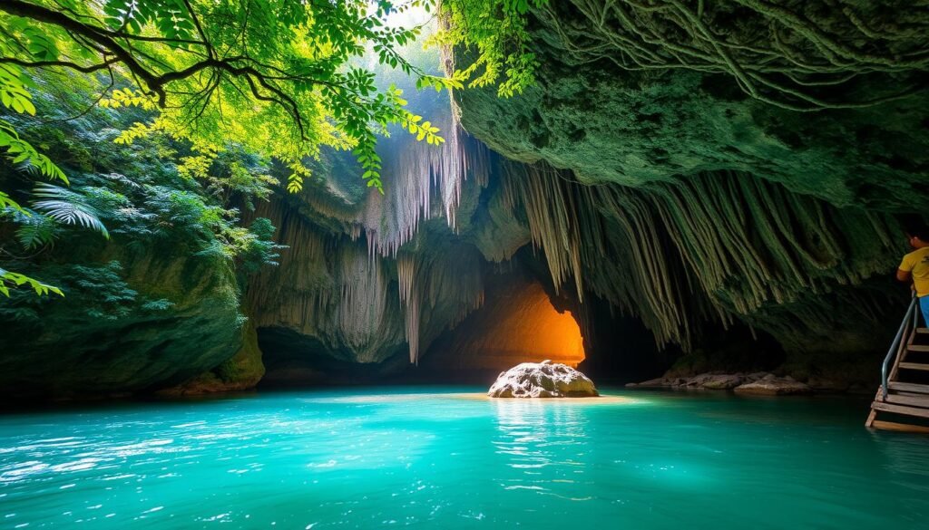 A lush, verdant jungle canopy parts to reveal the majestic Camuy Cave Park, a breathtaking natural wonder in the heart of Puerto Rico. In the foreground, the glistening turquoise waters of an underground river flow peacefully, inviting exploration. Towering limestone formations cast dramatic shadows across the scene, their intricate patterns sculpted by centuries of erosion. Diffused natural light filters through cavernous openings, casting a warm, golden glow that illuminates the cave's intricate rock formations. The overall atmosphere is one of serene wonder and awe-inspiring beauty, perfectly capturing the essence of Puerto Rico's captivating underground landscapes. A lush, verdant jungle canopy parts to reveal the majestic Camuy Cave Park, a breathtaking natural wonder in the heart of Puerto Rico. In the foreground, the glistening turquoise waters of an underground river flow peacefully, inviting exploration. Towering limestone formations cast dramatic shadows across the scene, their intricate patterns sculpted by centuries of erosion. Diffused natural light filters through cavernous openings, casting a warm, golden glow that illuminates the cave's intricate rock formations. The overall atmosphere is one of serene wonder and awe-inspiring beauty, perfectly capturing the essence of Puerto Rico's captivating underground landscapes.
