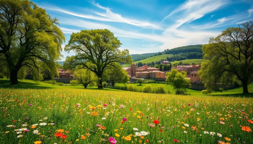 A lush, verdant landscape bathed in the warm glow of spring sunlight. In the foreground, a vibrant carpet of colorful wildflowers sways gently in a soft breeze. Towering oak trees line the middle ground, their fresh green leaves rustling overhead. In the distance, a picturesque medieval village nestled between rolling hills, its terracotta roofs and stone walls contrasting against the azure sky. Wispy clouds drift lazily above, casting playful shadows across the serene scene. The air is filled with the sweet fragrance of blooming flora and the cheerful chirping of birds, creating an atmosphere of pure tranquility and renewal. A lush, verdant landscape bathed in the warm glow of spring sunlight. In the foreground, a vibrant carpet of colorful wildflowers sways gently in a soft breeze. Towering oak trees line the middle ground, their fresh green leaves rustling overhead. In the distance, a picturesque medieval village nestled between rolling hills, its terracotta roofs and stone walls contrasting against the azure sky. Wispy clouds drift lazily above, casting playful shadows across the serene scene. The air is filled with the sweet fragrance of blooming flora and the cheerful chirping of birds, creating an atmosphere of pure tranquility and renewal.