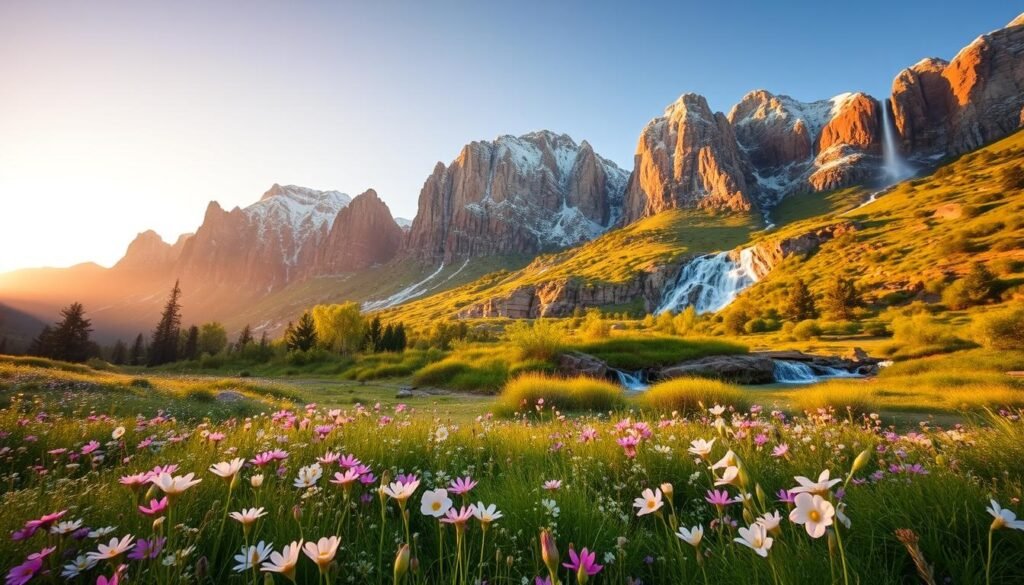 A lush, verdant landscape comes alive with the gentle embrace of spring. In the foreground, a vibrant meadow of wildflowers blossoms in a soft pastel palette, their petals swaying in the warm breeze. Towering mountain peaks rise majestically in the background, their snow-capped summits glistening under the soft, diffused sunlight. Flowing streams and cascading waterfalls add a tranquil, soothing presence, creating a serene and rejuvenating atmosphere. The scene is bathed in a warm, golden glow, capturing the essence of the season's renewal and the promise of new beginnings. A sense of harmony and balance permeates the entire frame, inviting the viewer to immerse themselves in the beauty and wonder of spring in Zion National Park. A lush, verdant landscape comes alive with the gentle embrace of spring. In the foreground, a vibrant meadow of wildflowers blossoms in a soft pastel palette, their petals swaying in the warm breeze. Towering mountain peaks rise majestically in the background, their snow-capped summits glistening under the soft, diffused sunlight. Flowing streams and cascading waterfalls add a tranquil, soothing presence, creating a serene and rejuvenating atmosphere. The scene is bathed in a warm, golden glow, capturing the essence of the season's renewal and the promise of new beginnings. A sense of harmony and balance permeates the entire frame, inviting the viewer to immerse themselves in the beauty and wonder of spring in Zion National Park.