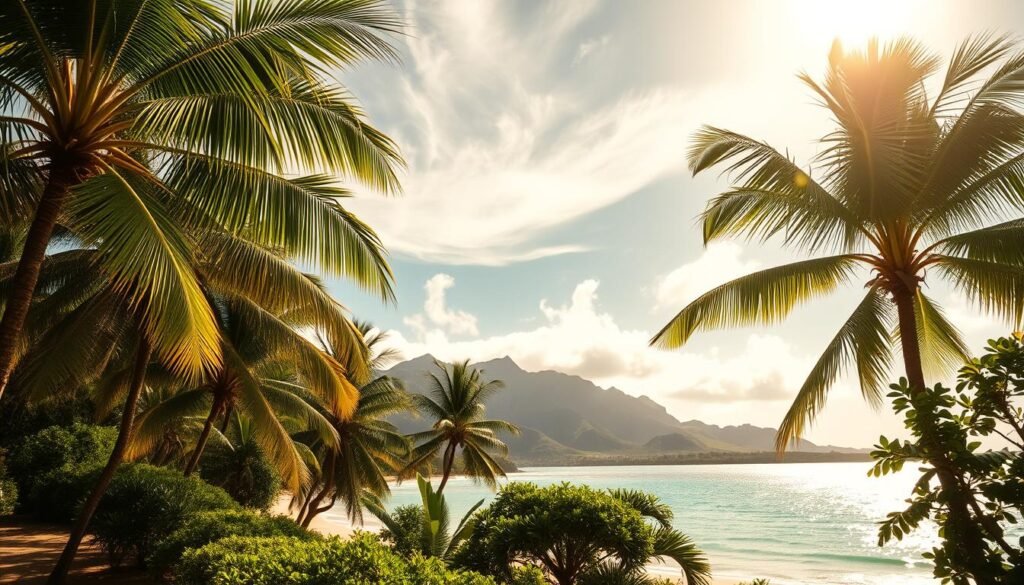 A lush, verdant landscape in Hawaii, bathed in warm, golden sunlight streaming through wispy, cirrus clouds. In the foreground, palm trees sway gently in a light, refreshing breeze, their fronds casting dappled shadows on the sandy beach below. The middle ground features a crystalline, turquoise ocean, its gentle waves lapping at the shore. In the distance, majestic, volcanic mountains rise up, their peaks shrouded in a soft, hazy mist. The overall atmosphere is one of tranquility, serenity, and the perfect balance of tropical warmth and cooling ocean breezes. A lush, verdant landscape in Hawaii, bathed in warm, golden sunlight streaming through wispy, cirrus clouds. In the foreground, palm trees sway gently in a light, refreshing breeze, their fronds casting dappled shadows on the sandy beach below. The middle ground features a crystalline, turquoise ocean, its gentle waves lapping at the shore. In the distance, majestic, volcanic mountains rise up, their peaks shrouded in a soft, hazy mist. The overall atmosphere is one of tranquility, serenity, and the perfect balance of tropical warmth and cooling ocean breezes.