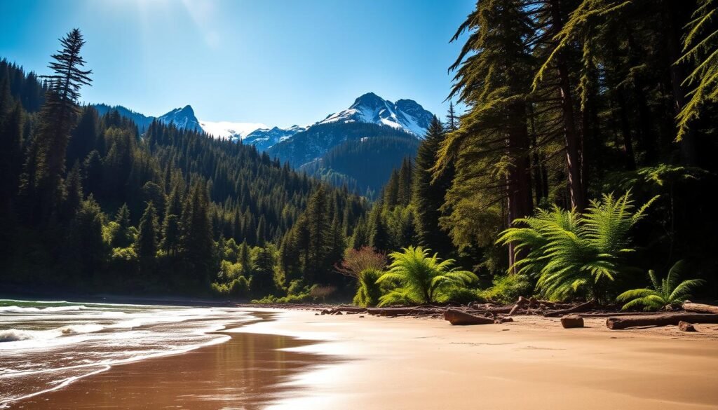A lush, verdant landscape of Olympic National Park in Washington state. In the foreground, a pristine beach with glistening sand and gentle waves lapping at the shore. In the middle ground, a dense, mossy rainforest teeming with ferns and towering ancient cedars. In the background, rugged snowcapped peaks rise majestically, their slopes dotted with vibrant wildflower-laden ridges. Warm, diffused natural light filters through the canopy, casting a golden glow over the entire scene. A wide-angle lens captures the scale and grandeur of this diverse, awe-inspiring wilderness. The overall atmosphere is one of serene tranquility and awe-inspiring natural beauty.