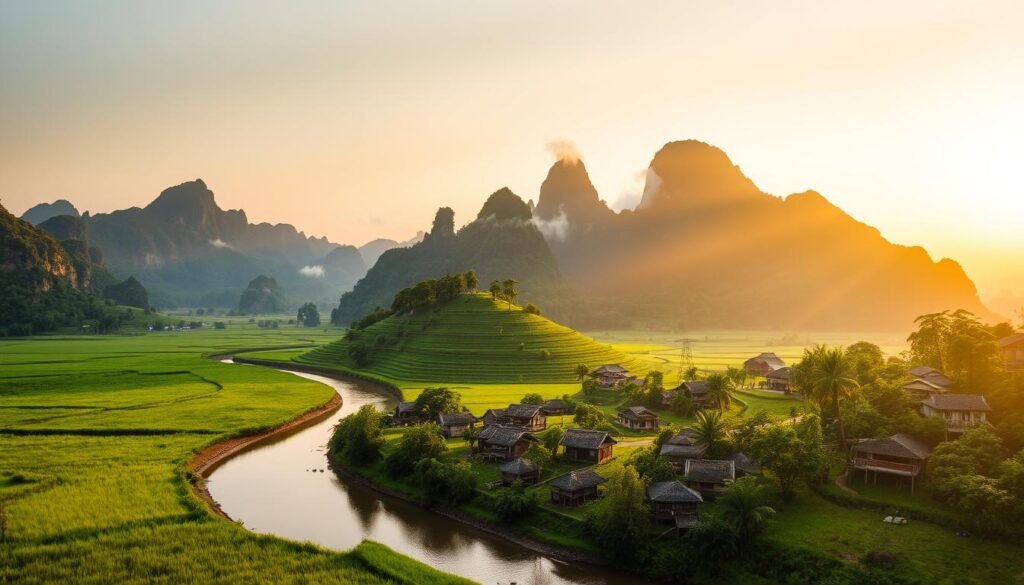 A lush, verdant landscape of northern Vietnam, bathed in the warm glow of a golden hour sunset. In the foreground, a winding river cuts through the emerald hills, its banks dotted with traditional Vietnamese stilt houses. Towering karst formations rise in the middle distance, their jagged silhouettes contrasted against a soft, hazy sky. Wisps of mist cling to the peaks, creating an ethereal, dreamlike atmosphere. The scene is captured through a wide-angle lens, emphasizing the grandeur and scale of this picturesque region. The overall mood is one of tranquility and timelessness, inviting the viewer to imagine the rhythms of life in this enchanting corner of Vietnam. A lush, verdant landscape of northern Vietnam, bathed in the warm glow of a golden hour sunset. In the foreground, a winding river cuts through the emerald hills, its banks dotted with traditional Vietnamese stilt houses. Towering karst formations rise in the middle distance, their jagged silhouettes contrasted against a soft, hazy sky. Wisps of mist cling to the peaks, creating an ethereal, dreamlike atmosphere. The scene is captured through a wide-angle lens, emphasizing the grandeur and scale of this picturesque region. The overall mood is one of tranquility and timelessness, inviting the viewer to imagine the rhythms of life in this enchanting corner of Vietnam.