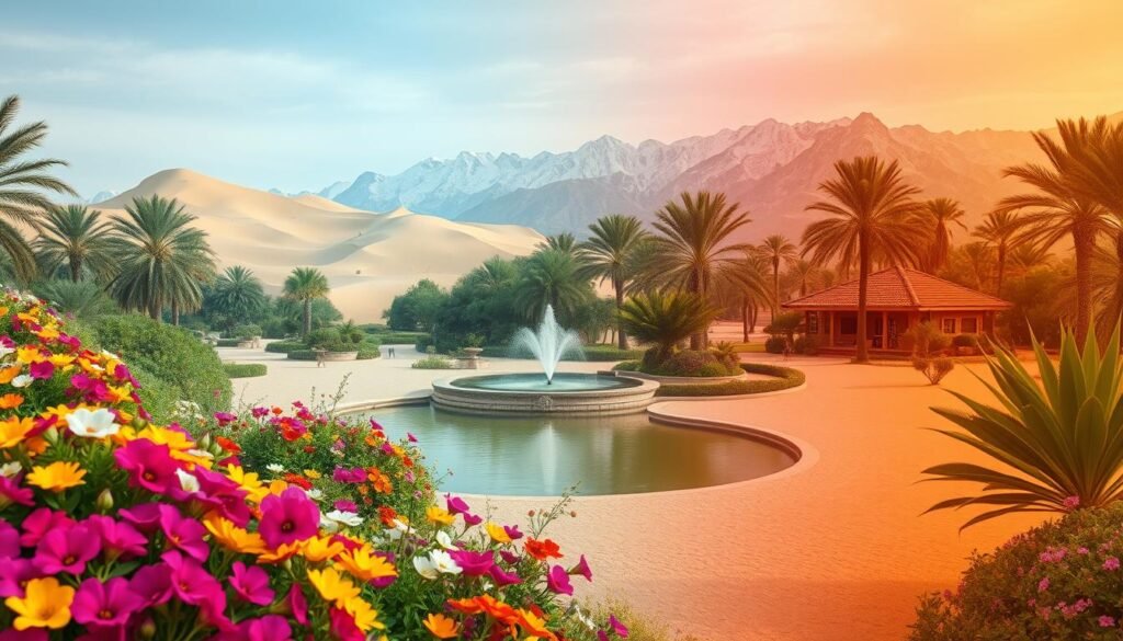 A lush, verdant landscape representing the seasons of Dubai throughout the year. In the foreground, a vibrant mosaic of colorful flowers blooms in the spring, contrasting with the warm, golden hues of a sun-drenched desert in the summer. In the middle ground, a serene oasis with swaying palm trees and a tranquil fountain captures the mild, pleasant weather of the autumn. In the distance, a snow-capped mountain range symbolizes the cool, crisp winters, with a cozy cabin nestled in the foothills. The entire scene is bathed in a soft, diffused light, creating a dreamlike, immersive atmosphere that captures the essence of Dubai's dynamic, year-round climate.
