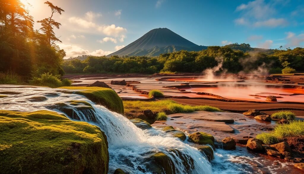 A lush, verdant landscape with Rincón de la Vieja National Park in the center. In the foreground, a crystal-clear waterfall cascades over moss-covered rocks, its mist catching the warm golden light of the afternoon sun. In the middle ground, volcanic mud pots bubble and steam, their vibrant hues of ochre and rust contrasting with the surrounding greenery. In the background, the majestic cone of the Rincón de la Vieja volcano rises, its slopes dotted with dense tropical foliage. The scene exudes a sense of tranquility and natural wonder, inviting the viewer to explore this remarkable Costa Rican destination.
