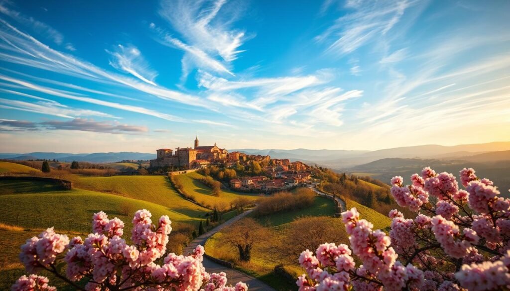 A lush, verdant landscape with rolling hills and blooming cherry blossoms in the foreground. A quaint Italian town nestled in the distance, its terracotta roofs and stone buildings bathed in warm, golden sunlight. Wispy clouds drift across a brilliant azure sky, casting gentle shadows on the scene below. In the middle ground, a picturesque winding road leads travelers towards the picturesque town, inviting exploration. The air is filled with the sweet fragrance of spring flowers, and a sense of tranquility and renewal pervades the entire composition. A lush, verdant landscape with rolling hills and blooming cherry blossoms in the foreground. A quaint Italian town nestled in the distance, its terracotta roofs and stone buildings bathed in warm, golden sunlight. Wispy clouds drift across a brilliant azure sky, casting gentle shadows on the scene below. In the middle ground, a picturesque winding road leads travelers towards the picturesque town, inviting exploration. The air is filled with the sweet fragrance of spring flowers, and a sense of tranquility and renewal pervades the entire composition.