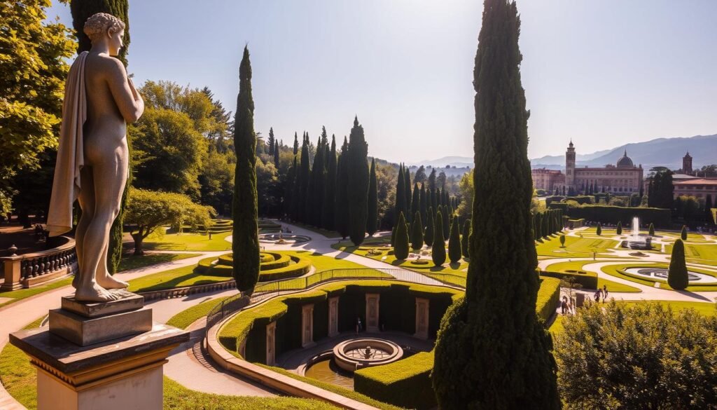 A lush, verdant oasis in the heart of Florence - the Boboli Gardens, once the private retreat of the Medici family. A sweeping vista of manicured paths, ornate fountains, and towering cypress trees, bathed in the warm Tuscan sunlight. In the foreground, a stately statue commands attention, its intricate details casting dramatic shadows. The middle ground reveals a hidden grotto, its mossy walls and tranquil pools inviting exploration. In the distance, the imposing Pitti Palace looms, a testament to the Medicis' power and grandeur. This scene captures the timeless elegance and tranquility of this historic Italian gem, ready to be discovered by the discerning traveler. A lush, verdant oasis in the heart of Florence - the Boboli Gardens, once the private retreat of the Medici family. A sweeping vista of manicured paths, ornate fountains, and towering cypress trees, bathed in the warm Tuscan sunlight. In the foreground, a stately statue commands attention, its intricate details casting dramatic shadows. The middle ground reveals a hidden grotto, its mossy walls and tranquil pools inviting exploration. In the distance, the imposing Pitti Palace looms, a testament to the Medicis' power and grandeur. This scene captures the timeless elegance and tranquility of this historic Italian gem, ready to be discovered by the discerning traveler.