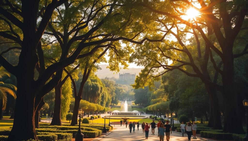 A lush, verdant oasis in the heart of Mexico City, Chapultepec Park: an expansive green haven filled with towering trees, cascading fountains, and meandering pathways. In the foreground, people stroll leisurely, taking in the serene atmosphere. The middle ground features the iconic Chapultepec Castle, its regal architecture commanding attention against a backdrop of rolling hills. Warm, golden sunlight filters through the canopy, casting a soft, inviting glow over the entire scene. The overall mood is one of tranquility and rejuvenation, a peaceful respite from the bustling city. Captured through a wide-angle lens, this image conveys the park's scale and grandeur, showcasing why it is known as the "green heart" of Mexico's vibrant capital. A lush, verdant oasis in the heart of Mexico City, Chapultepec Park: an expansive green haven filled with towering trees, cascading fountains, and meandering pathways. In the foreground, people stroll leisurely, taking in the serene atmosphere. The middle ground features the iconic Chapultepec Castle, its regal architecture commanding attention against a backdrop of rolling hills. Warm, golden sunlight filters through the canopy, casting a soft, inviting glow over the entire scene. The overall mood is one of tranquility and rejuvenation, a peaceful respite from the bustling city. Captured through a wide-angle lens, this image conveys the park's scale and grandeur, showcasing why it is known as the "green heart" of Mexico's vibrant capital.