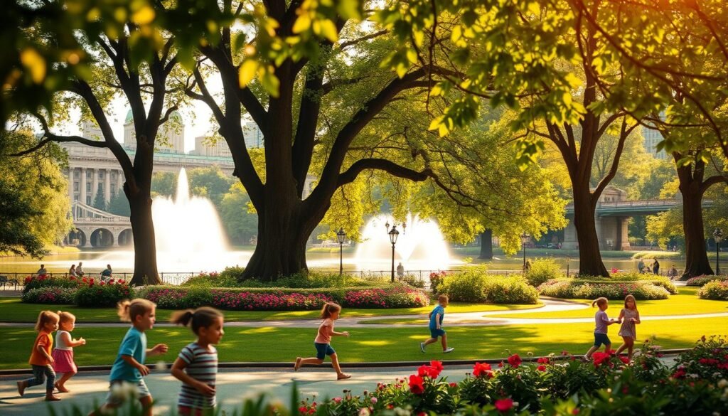 A lush, verdant oasis in the heart of bustling New York City, Central Park comes alive with the energy and joy of families exploring its countless wonders. In the foreground, children frolic on the iconic Adventure Playground, their laughter echoing across the tranquil Conservatory Water. Towering trees and vibrant flowers form a serene middle ground, while in the distance, the magnificent Bethesda Fountain and Bow Bridge create a picturesque backdrop. Warm, golden sunlight filters through the leaves, casting a cozy, welcoming glow over the entire scene. This is a place where memories are made, where kids can unleash their imaginations and experience the magic of the outdoors, just steps from the city streets. A lush, verdant oasis in the heart of bustling New York City, Central Park comes alive with the energy and joy of families exploring its countless wonders. In the foreground, children frolic on the iconic Adventure Playground, their laughter echoing across the tranquil Conservatory Water. Towering trees and vibrant flowers form a serene middle ground, while in the distance, the magnificent Bethesda Fountain and Bow Bridge create a picturesque backdrop. Warm, golden sunlight filters through the leaves, casting a cozy, welcoming glow over the entire scene. This is a place where memories are made, where kids can unleash their imaginations and experience the magic of the outdoors, just steps from the city streets.